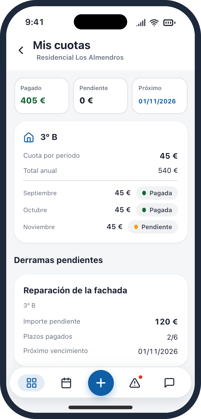 Vecinly app: the community’s accounts, with balance and transactions.
