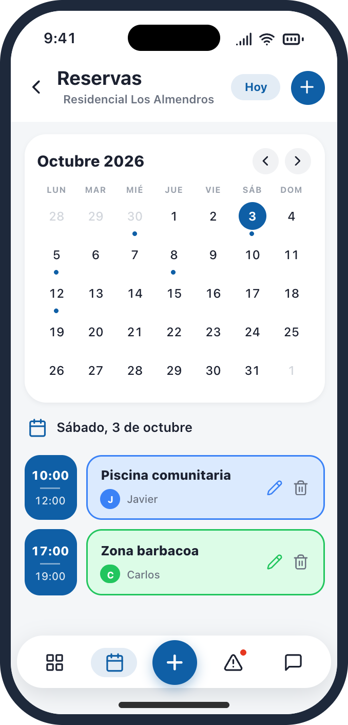Vecinly app: bookings of common areas on a calendar.
