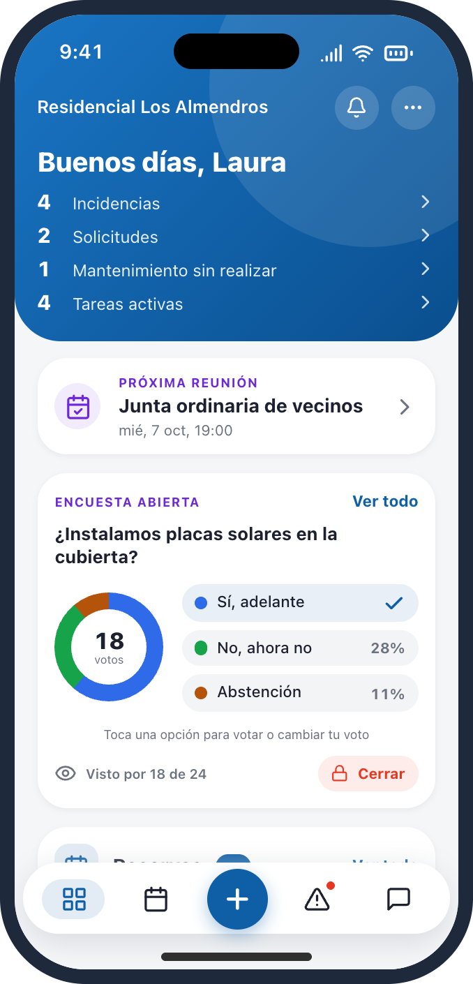 Vecinly app: community overview with incidents, notices and tasks.