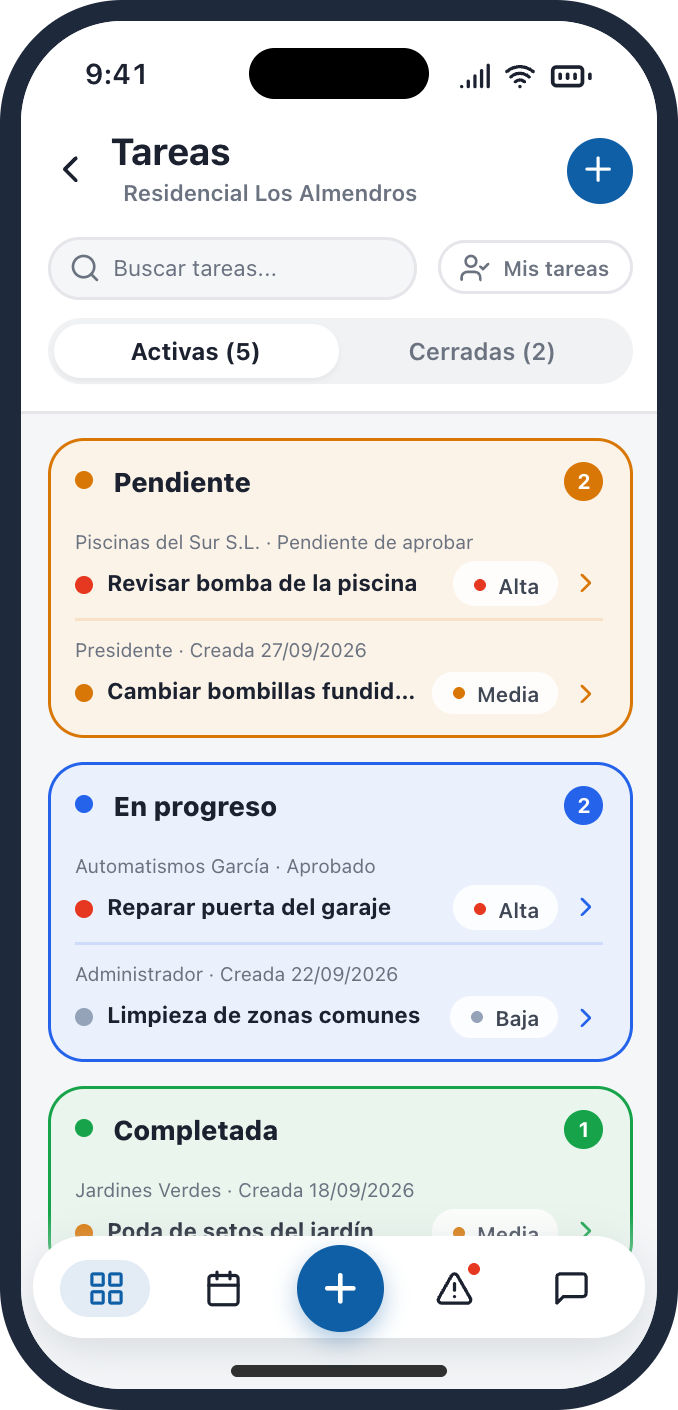 Vecinly app: maintenance tasks by status.