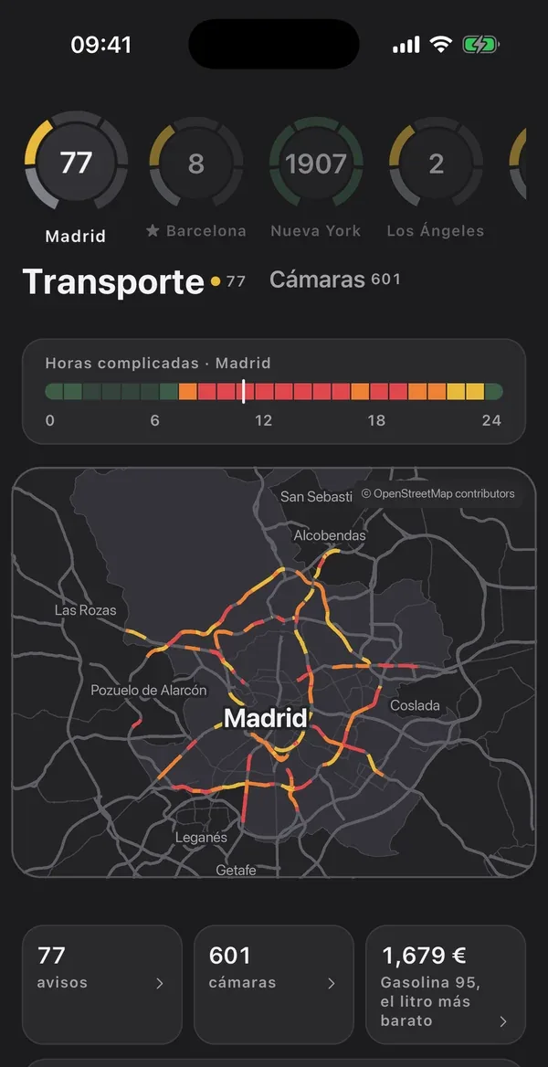 La zona de Madrid a Transport, en mode fosc, amb les hores complicades i el trànsit en directe